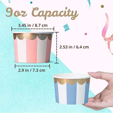 Paper Ice Cream Cups - 50-Count 9-Oz Disposable Dessert Bowls for Hot or Cold Food, 9-Ounce Party Supplies Treat Cups for Sundae, Frozen Yogurt, Soup, 5 Colors Pastel Stripes with Scalloped Gold Foil