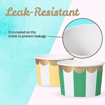 Paper Ice Cream Cups - 50-Count 9-Oz Disposable Dessert Bowls for Hot or Cold Food, 9-Ounce Party Supplies Treat Cups for Sundae, Frozen Yogurt, Soup, 5 Colors Pastel Stripes with Scalloped Gold Foil