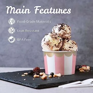 Paper Ice Cream Cups - 50-Count 9-Oz Disposable Dessert Bowls for Hot or Cold Food, 9-Ounce Party Supplies Treat Cups for Sundae, Frozen Yogurt, Soup, 5 Colors Pastel Stripes with Scalloped Gold Foil