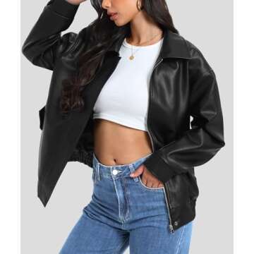 Casly Lamiit Women's Black Leather Jacket Faux Oversized Zip Up Motorcycle Biker Bomber Jackets Winter Coat 2025 Trendy Street Clothes XL