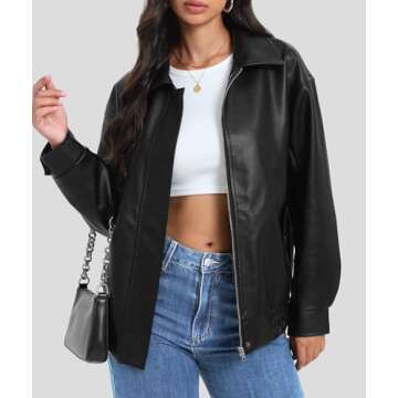 Casly Lamiit Women's Black Leather Jacket Faux Oversized Zip Up Motorcycle Biker Bomber Jackets Winter Coat 2025 Trendy Street Clothes XL