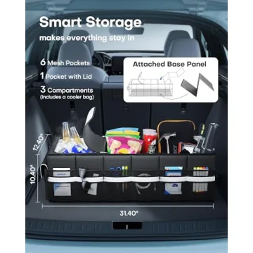 HOTOR Trunk Organizer for Car - Car Organizer with Built-In Leakproof Car Cooler, Collapsible Trunk Organizer with Cooler for Car, SUV, Sedan, with Base Panel (3 Compartments, Black),31.9"×12.6"×10.6”