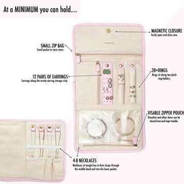 Tidy Jewels! Travel Jewelry Organizer - Traveling Jewelry Case with Tangle-Free Necklace Jewelry Storage, Earring Holder, Ring Organizer and Bracelet Holder Pouch - 9 x 6 Inch Jewelry Roll Bag (Pink)