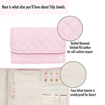 Tidy Jewels! Travel Jewelry Organizer - Traveling Jewelry Case with Tangle-Free Necklace Jewelry Storage, Earring Holder, Ring Organizer and Bracelet Holder Pouch - 9 x 6 Inch Jewelry Roll Bag (Pink)