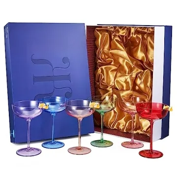 Colored Coupe Glasses - Martini , Cocktail & Champagne Glasses 7oz | Set of 6 | Cute & Colorful Pastel Colored Crystal Cocktail Glassware , Fun Classic Goblet Cocktails Glass, Stemmed Ripple Glassware