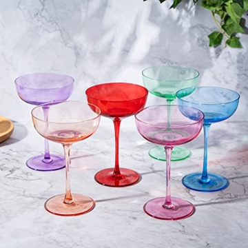 Colored Coupe Glasses - Martini , Cocktail & Champagne Glasses 7oz | Set of 6 | Cute & Colorful Pastel Colored Crystal Cocktail Glassware , Fun Classic Goblet Cocktails Glass, Stemmed Ripple Glassware