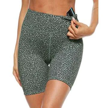 PERSIT Women's High Waist Print Workout Yoga Shorts with 2 Hidden Pockets, Non See-Through Tummy Control Athletic Shorts Bean Green Leopard