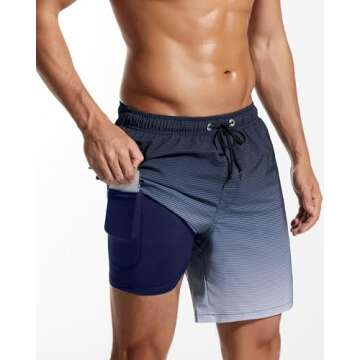 SILKWORLD Bathing Suit Mens Quick Dry 2 in 1 Swim Shorts with Zipper Pockets Beach Swimming Trunks, ...