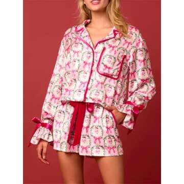 Alyweatry Women Christmas 2 Piece Pajama Set Cute Print Long Sleeve Button Down Shirt Elastic Shorts...
