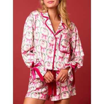 Alyweatry Women Christmas 2 Piece Pajama Set Cute Print Long Sleeve Button Down Shirt Elastic Shorts Holiday Sleepwear (Santa Claus Print in Pink, S)