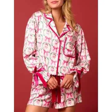 Alyweatry Women Christmas 2 Piece Pajama Set Cute Print Long Sleeve Button Down Shirt Elastic Shorts Holiday Sleepwear (Santa Claus Print in Pink, S)