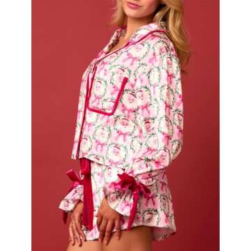 Alyweatry Women Christmas 2 Piece Pajama Set Cute Print Long Sleeve Button Down Shirt Elastic Shorts Holiday Sleepwear (Santa Claus Print in Pink, S)