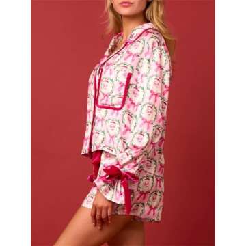 Alyweatry Women Christmas 2 Piece Pajama Set Cute Print Long Sleeve Button Down Shirt Elastic Shorts Holiday Sleepwear (Santa Claus Print in Pink, S)