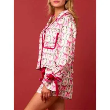 Alyweatry Women Christmas 2 Piece Pajama Set Cute Print Long Sleeve Button Down Shirt Elastic Shorts Holiday Sleepwear (Santa Claus Print in Pink, S)
