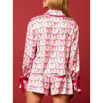 Alyweatry Women Christmas 2 Piece Pajama Set Cute Print Long Sleeve Button Down Shirt Elastic Shorts Holiday Sleepwear (Santa Claus Print in Pink, S)