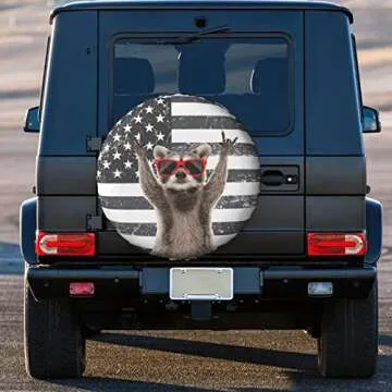 Funny Raccoon Spare Tire Cover Black White American Flag 15 Inch Wheel Protector for Truck SUV Trailer Camping Rv Tire Covers
