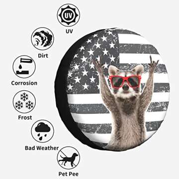 Funny Raccoon Spare Tire Cover Black White American Flag 15 Inch Wheel Protector for Truck SUV Trailer Camping Rv Tire Covers