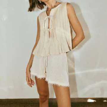 Linen Bow Tie Front Tank Top Women Coquette Pleated Peplum Blouse Y2K Babydoll Ruffle Shirt Sleeveless Tunic Outfits (Beige,Small)