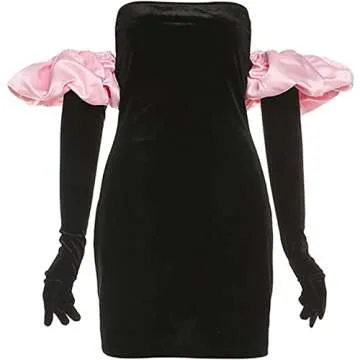 YINGISFITM Women Hepburn Velvet Dress Strapless Puff Long Sleeve Glove Mini Dress Bodycon Dress (Pink Puff,Small)