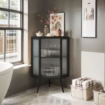 Wetiny Modern Corner Storage Cabinet with Tempered Glass Doors, Accent Corner Hutch Cabinet Freestanding Metal Corner Table Shelf for Bathroom, Kitchen, Bedroom, Living Room,Black, Black（b）
