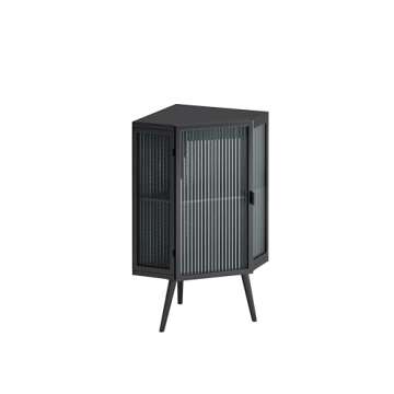 Wetiny Modern Corner Storage Cabinet with Tempered Glass Doors, Accent Corner Hutch Cabinet Freestanding Metal Corner Table Shelf for Bathroom, Kitchen, Bedroom, Living Room,Black, Black（b）