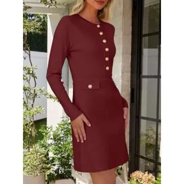 NENONA Women's Long Sleeve Sweater Dress 2025 Fall Winter Button Elegant Formal Party Mini Dress(Wine Red, S)