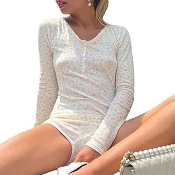 FOMOYUU Women One Piece Jumpsuit Long Sleeve V Neck Onesie Bodysuit Floral Print Shorts Pajamas Fashion Bodycon Rompers (White, S)