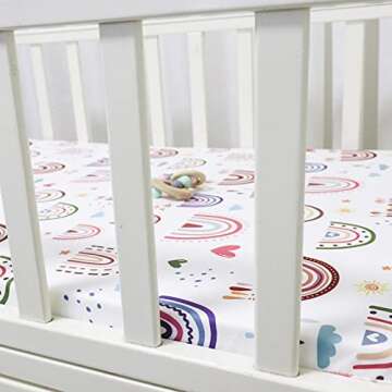 Crib Sheets HNHUAMING Neutral Baby Crib Fitted Sheets, Ultra Soft & Breathable 52 X 28 inch Crib Sheet Snug Fits for Standard Crib Mattress, Rainbow World