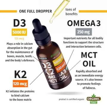 Organic Vitamin D3 K2 Drops w MCT Oil Omega 3, 5000 IU