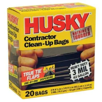 Husky HK42WC020B 42-Gallon Heavy-Duty Clean-Up Bags - 20 Count, Extra Strong and Reliable