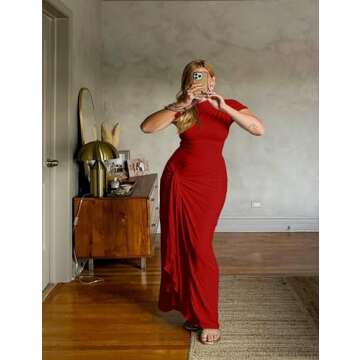 GOKATOSAU Women's Asymmetry Neck High Side Split Bodycon Ruched Plus Size Long Maxi Dress Red