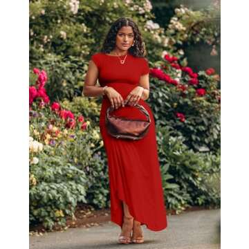 GOKATOSAU Women's Asymmetry Neck High Side Split Bodycon Ruched Plus Size Long Maxi Dress Red