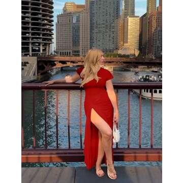 GOKATOSAU Women's Asymmetry Neck High Side Split Bodycon Ruched Plus Size Long Maxi Dress Red