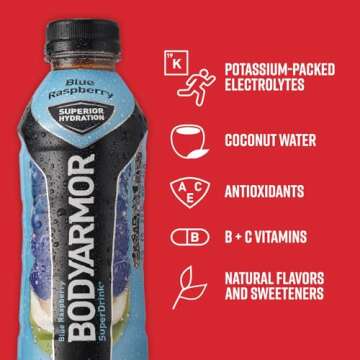 BODYARMOR Sports Drink Sports Beverage, Blue Raspberry, Natural Flavors With Vitamins, Potassium-Packed Electrolytes, No Preservatives, Perfect For Athletes, 12 ounce (Pack of 8)