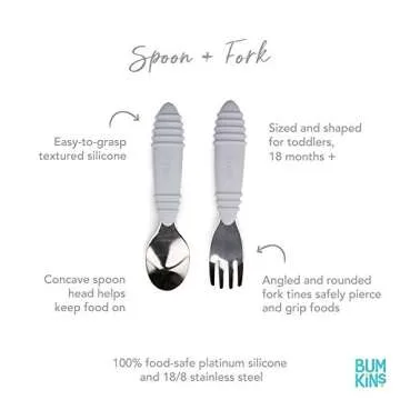 Bumkins Toddler Utensils, Kids Size Fork and Spoon Set, Silicone and Stainless-Steel Training Silver...