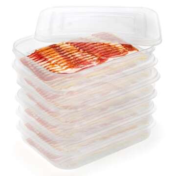 yarlung 6 Pack Bacon Keeper for Refrigerator, Deli Meat Saver Container with Airtight Lid, Cold Cuts Fridge Food Storage, 2 Serving Tongs
