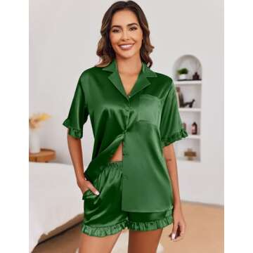 Ekouaer Womens Satin Pajamas Set Button Down Silk 2 Piece Pj Sets Ruffle Short Sleeve Sleepwear,Dark Green,L