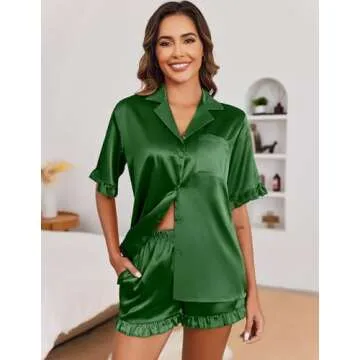 Ekouaer Womens Satin Pajamas Set Button Down Silk 2 Piece Pj Sets Ruffle Short Sleeve Sleepwear,Dark Green,L