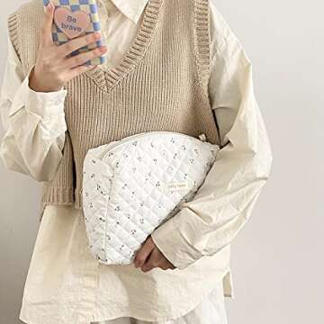 TYFLOVE Kawaii Cotton Makeup Bag Large Travel Cosmetic Bag Aesthetic Floral Makeup Pouch Coquette Quilted Toiletry Bag for Women (B-White Cherry)