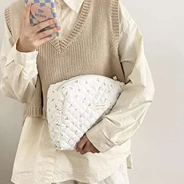TYFLOVE Kawaii Cotton Makeup Bag Large Travel Cosmetic Bag Aesthetic Floral Makeup Pouch Coquette Quilted Toiletry Bag for Women (B-White Cherry)