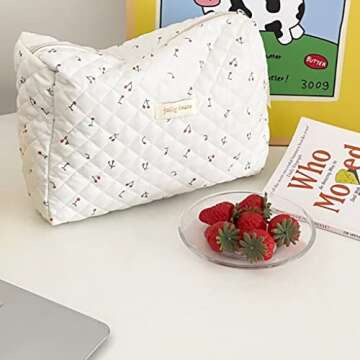 TYFLOVE Kawaii Cotton Makeup Bag Large Travel Cosmetic Bag Aesthetic Floral Makeup Pouch Coquette Quilted Toiletry Bag for Women (B-White Cherry)