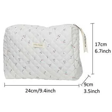 TYFLOVE Kawaii Cotton Makeup Bag Large Travel Cosmetic Bag Aesthetic Floral Makeup Pouch Coquette Quilted Toiletry Bag for Women (B-White Cherry)