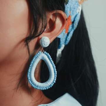 Beaded Teardrop Earrings Statement Raffia Wrapped Earrings Cute Handmade Seed Bead Earrings Bohemian...