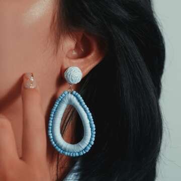 Beaded Teardrop Earrings Statement Raffia Wrapped Earrings Cute Handmade Seed Bead Earrings Bohemian Jewelry for Women(Light Blue)