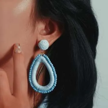 Beaded Teardrop Earrings Statement Raffia Wrapped Earrings Cute Handmade Seed Bead Earrings Bohemian Jewelry for Women(Light Blue)