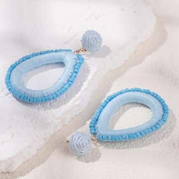 Beaded Teardrop Earrings Statement Raffia Wrapped Earrings Cute Handmade Seed Bead Earrings Bohemian Jewelry for Women(Light Blue)