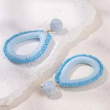Beaded Teardrop Earrings Statement Raffia Wrapped Earrings Cute Handmade Seed Bead Earrings Bohemian Jewelry for Women(Light Blue)
