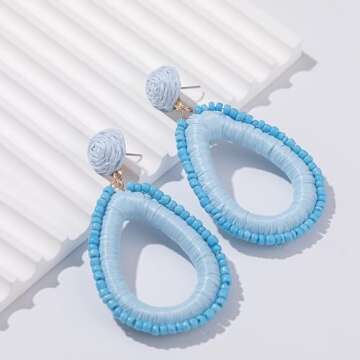 Beaded Teardrop Earrings Statement Raffia Wrapped Earrings Cute Handmade Seed Bead Earrings Bohemian Jewelry for Women(Light Blue)
