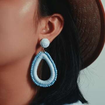 Beaded Teardrop Earrings Statement Raffia Wrapped Earrings Cute Handmade Seed Bead Earrings Bohemian Jewelry for Women(Light Blue)