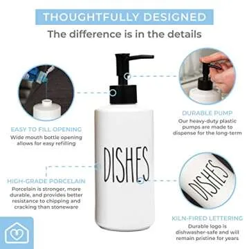 Heartland Home Porcelain 16oz Kitchen Soap Dispenser. Detergent Dispenser or Dish Soap Dispenser for Kitchen Sink. White Soap Dispenser, Modern Farmhouse Decor Dish Soap Pump for Kitchen Organization